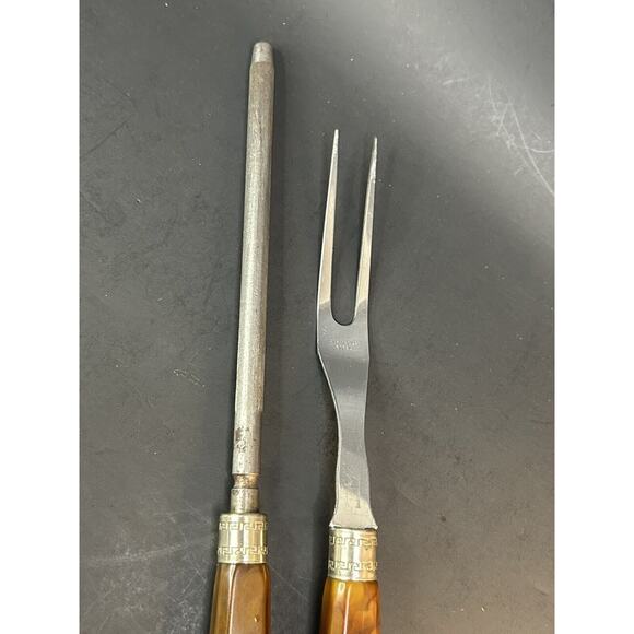 Meat Fork and Sharpener Bakelite Vintage MCM Handle Stainless Steel Greek Key - Picture 5 of 9